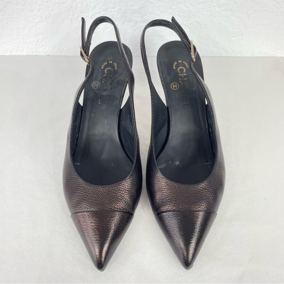 {Chanel} Bronze Leather CC Cap Toe Slingback Sandals Size 39.5 - Picture 3 of 14